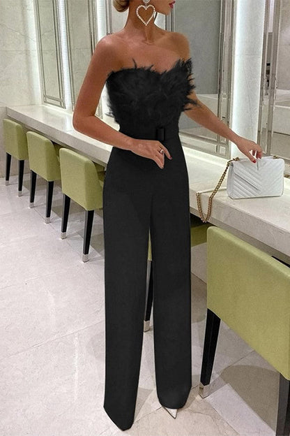 Rosiedress Off Shoulder Feather Splice Belted Jumpsuit