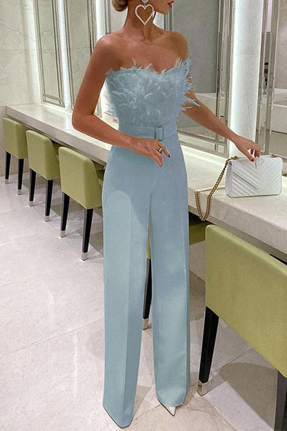 Rosiedress Off Shoulder Feather Splice Belted Jumpsuit