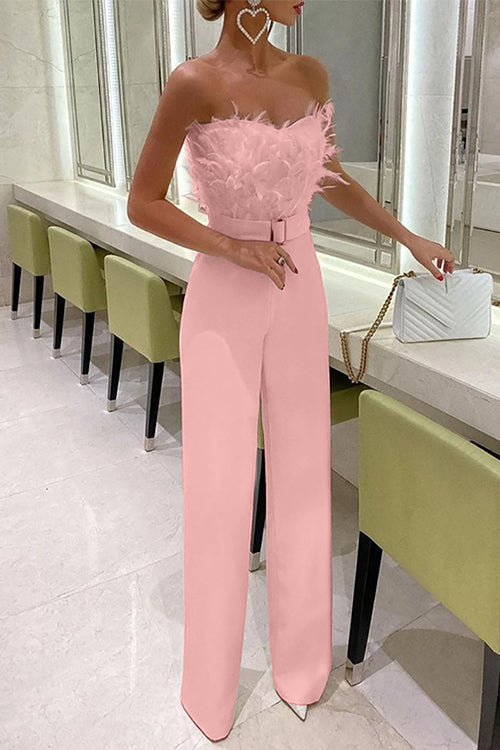 Rosiedress Off Shoulder Feather Splice Belted Jumpsuit