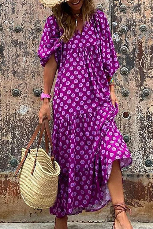 Rosiedress Puff Sleeve Geometri Printed Swing Dress