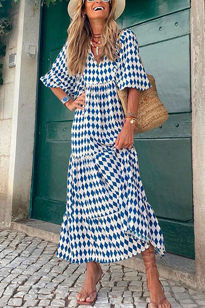 Rosiedress Puff Sleeve Geometri Printed Swing Dress