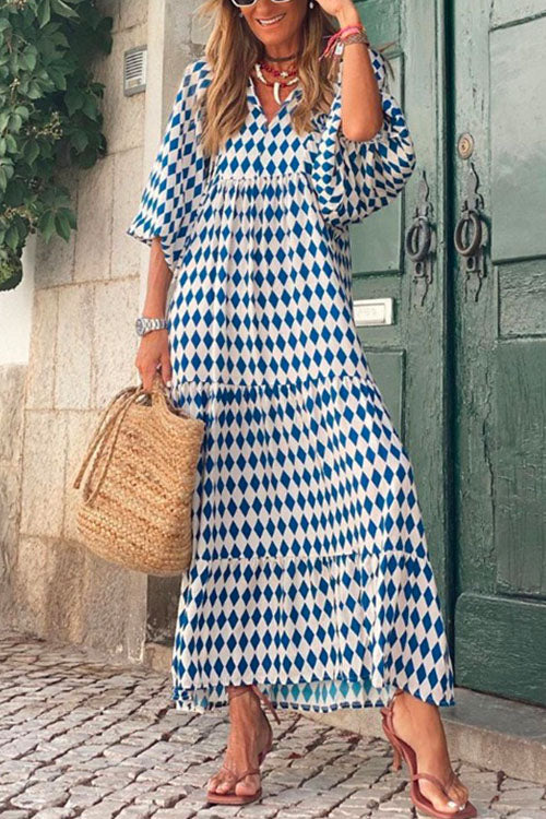 Rosiedress Puff Sleeve Geometri Printed Swing Dress