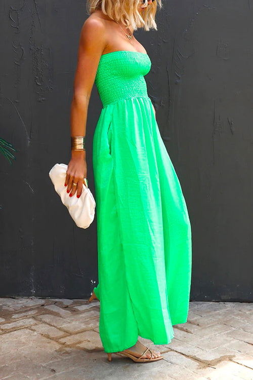 Rosiedress Strapless Smocked Pocketed Wide Leg Jumpsuit