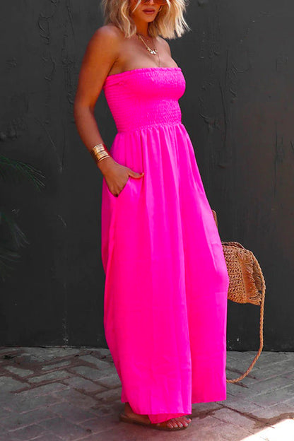 Rosiedress Strapless Smocked Pocketed Wide Leg Jumpsuit