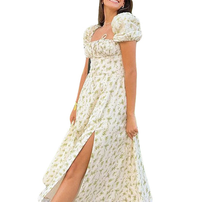 Puff Sleeve Split Floral Maxi Dress