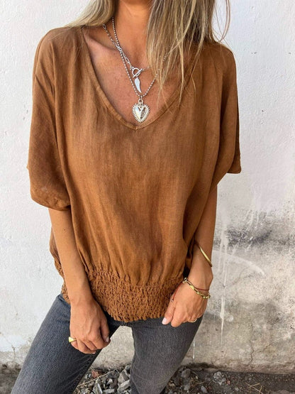 Top casual de algodón y lino con cuello en V para mujer