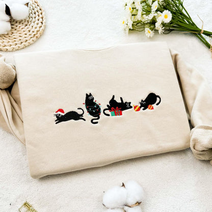 Black Cat Christmas Decoration Embroidered Sweatshirt