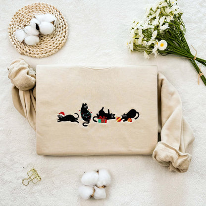 Black Cat Christmas Decoration Embroidered Sweatshirt