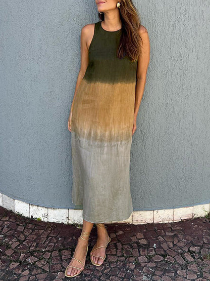 Vestido largo casual de algodón y lino sin mangas con abertura y efecto tie-dye para mujer