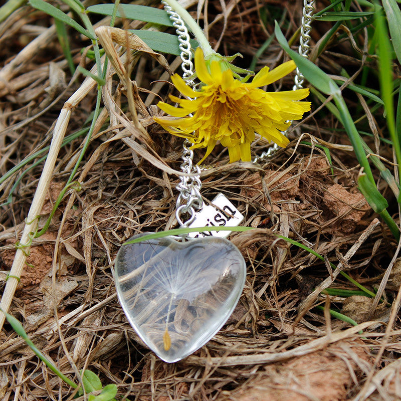 Collares de flores prensadas de resina - Diente de león de cristal de corazón