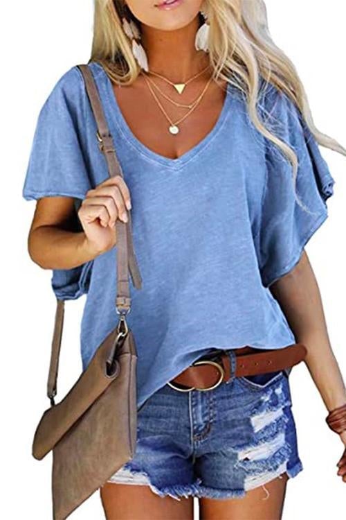 Rosiedress V Neck Ruffle Sleeves Loose T Shirt