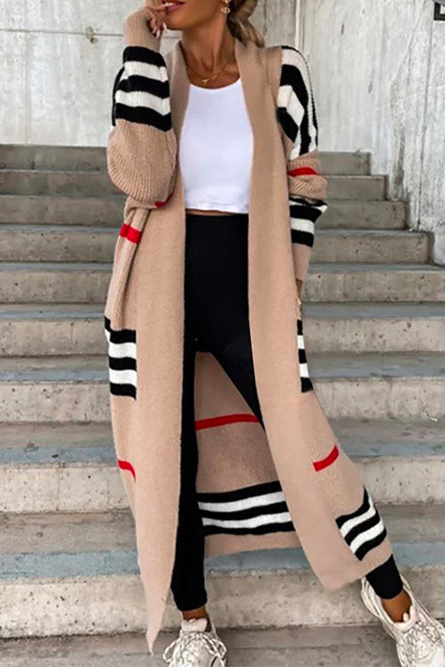 Rosiedress Open Front Color Block Striped Splice Long Sweater Cardigan