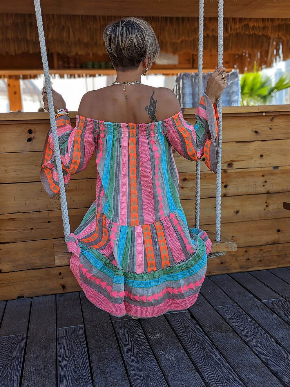 Fiesta - Etnisk Print Off Shoulder Loose Mini Dress