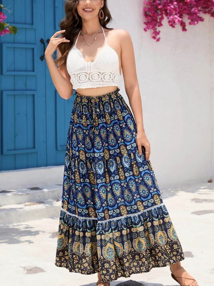 Bohemian Shirred High Waist Skirt In Blue