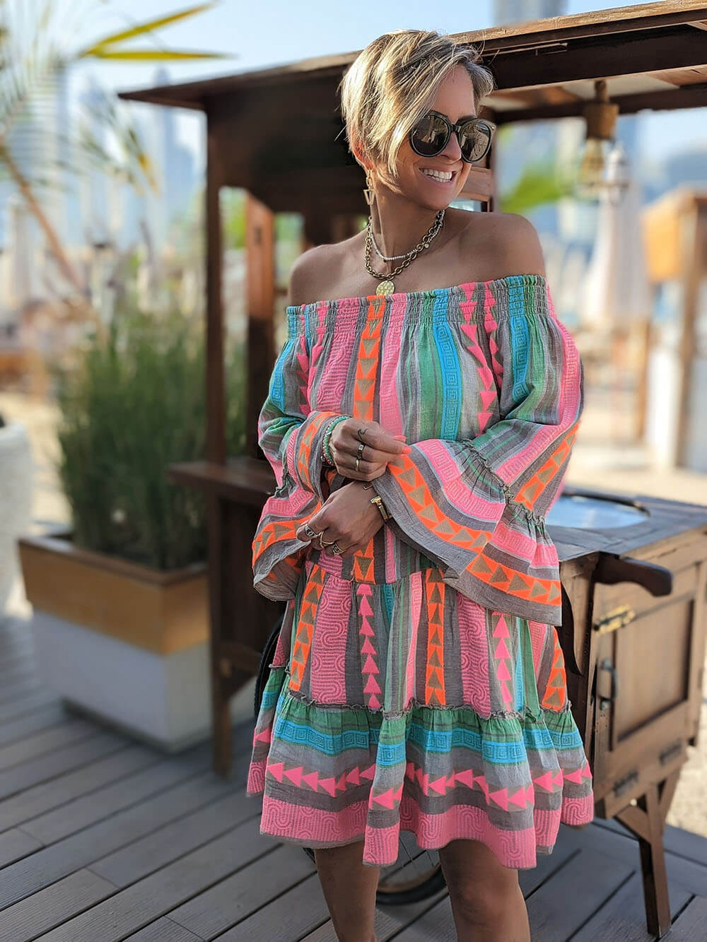 Fiesta - Ethnic Print Off Shoulder Loose Mini Dress