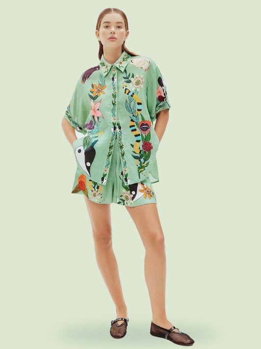 Unique Ethnic Print Loose Shirt And Shorts Set