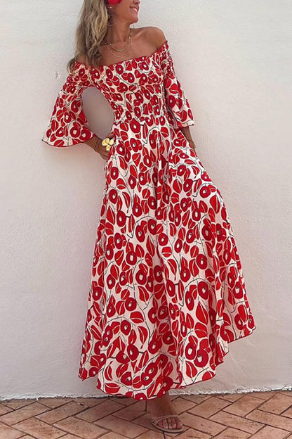 Off Shoulder Bell Sleeves Abstract Print Swing Maxi Dress