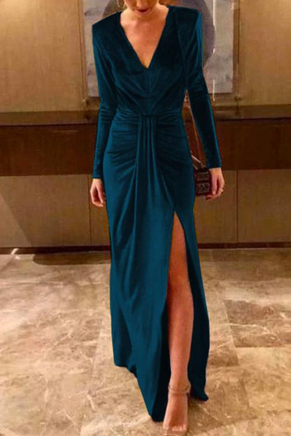 Rosiedress Partykleid aus Samt mit tiefem V-Ausschnitt, Schlitz und Rüschen (5 Farben erhältlich)