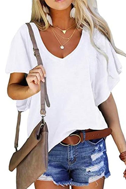 Rosiedress V Neck Ruffle Sleeves Loose T Shirt