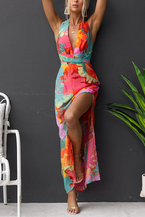 Robe longue à imprimé floral, col en V, sans manches, nouée au dos, fente