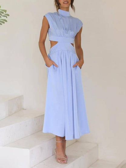 Vestido midi de vacaciones con bolsillos y cintura recortada