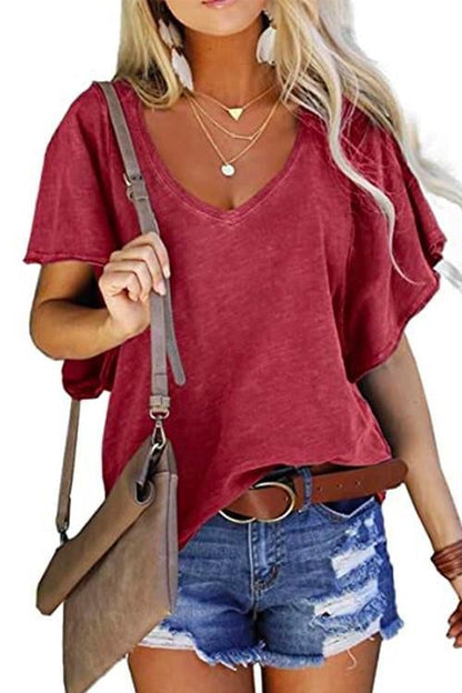 Rosiedress V Neck Ruffle Sleeves Loose T Shirt