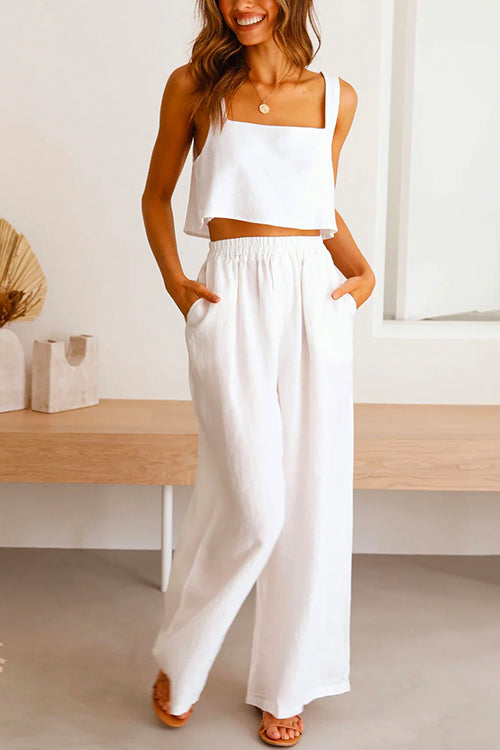 Rosiedress Square Collar Cami Crop Top Wide Leg Pants Cotton Linen Set