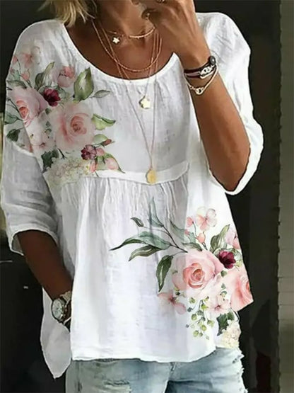 Round Neck Casual Loose Floral Print Long Sleeve Blouse