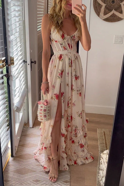 Rosiedress Spaghetti Strap Ruffle Layered Slit Dainty Floral Maxi Dress