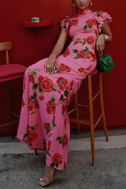 Rufsig kepsärmar Rose Print Maxi Cheongsam Klänning