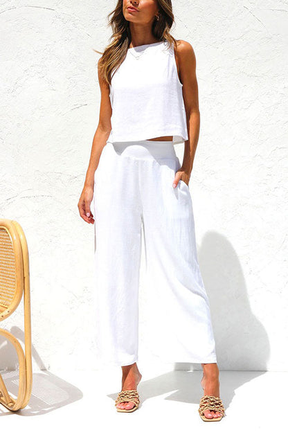 Rosiedress Buttons Tank Top and Pockets Wide Leg Crop Pants Set