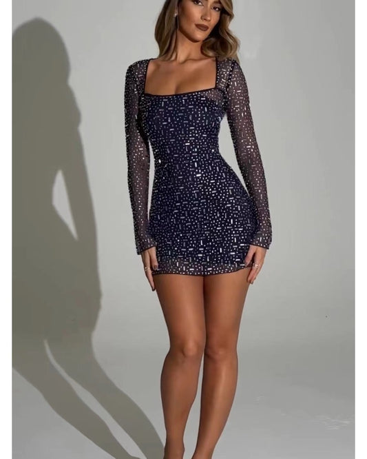 Sexy one-line shoulder wrap hip sequin dress