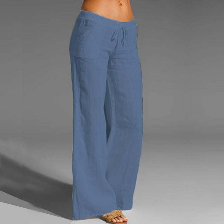 Ladies retro linen trousers casual elastic pants