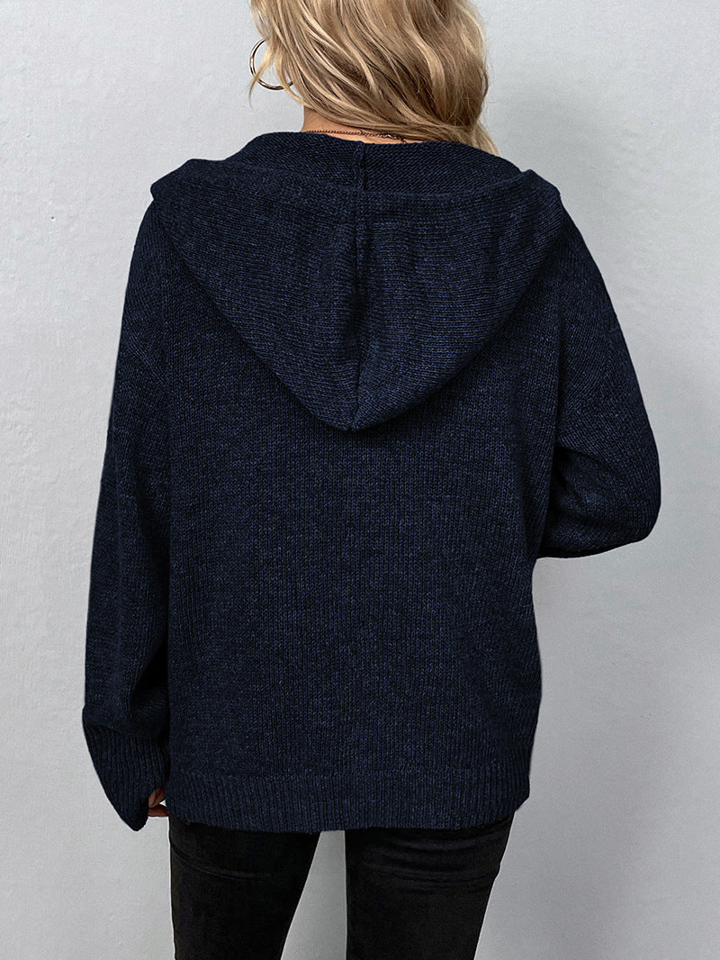 Hooded Drawstring Knit Cardigan