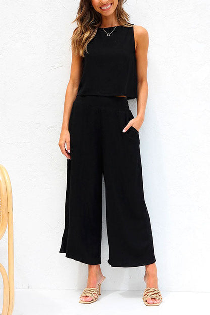 Rosiedress Buttons Tank Top and Pockets Wide Leg Crop Pants Set