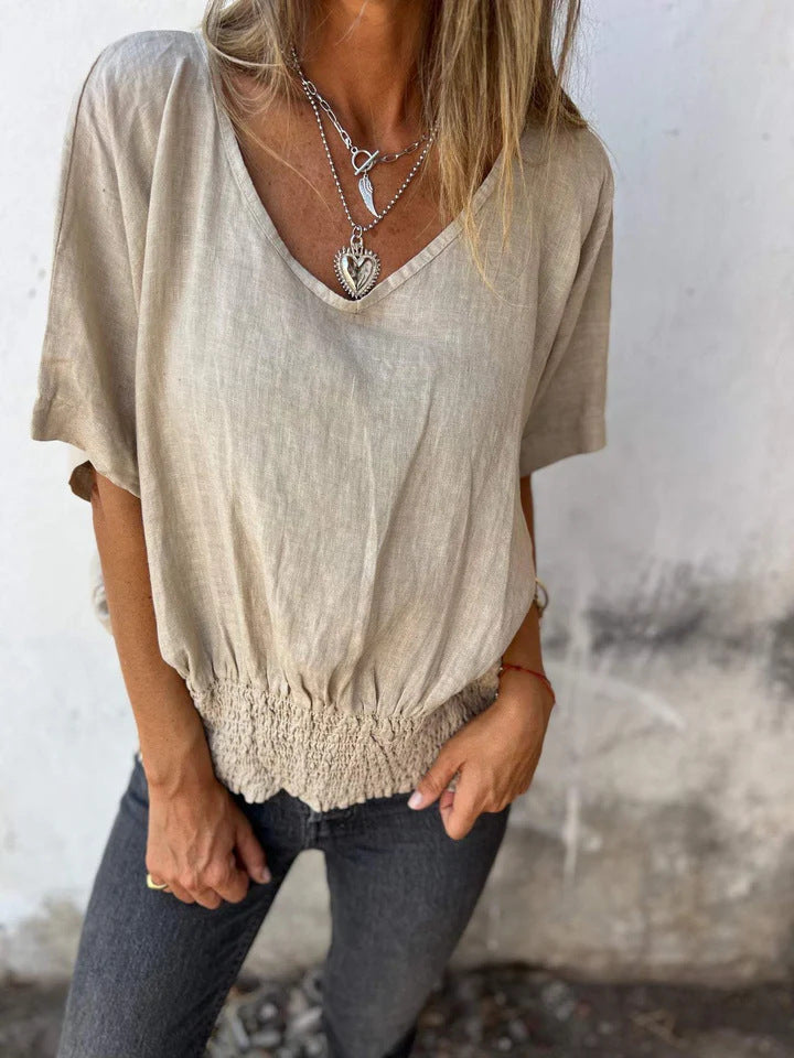 Top casual de algodón y lino con cuello en V para mujer