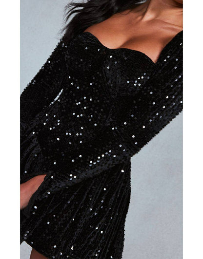 Black Sequin Cup Detail Long Sleeve Skater Mini Dress