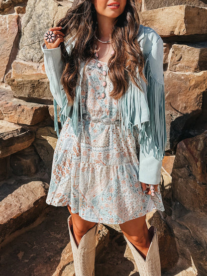 Baby Blue Fringe Leather Jacket