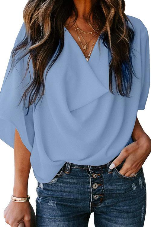 Rosiedress Cowl Neck Short Sleeve Drape Chiffon Shirt