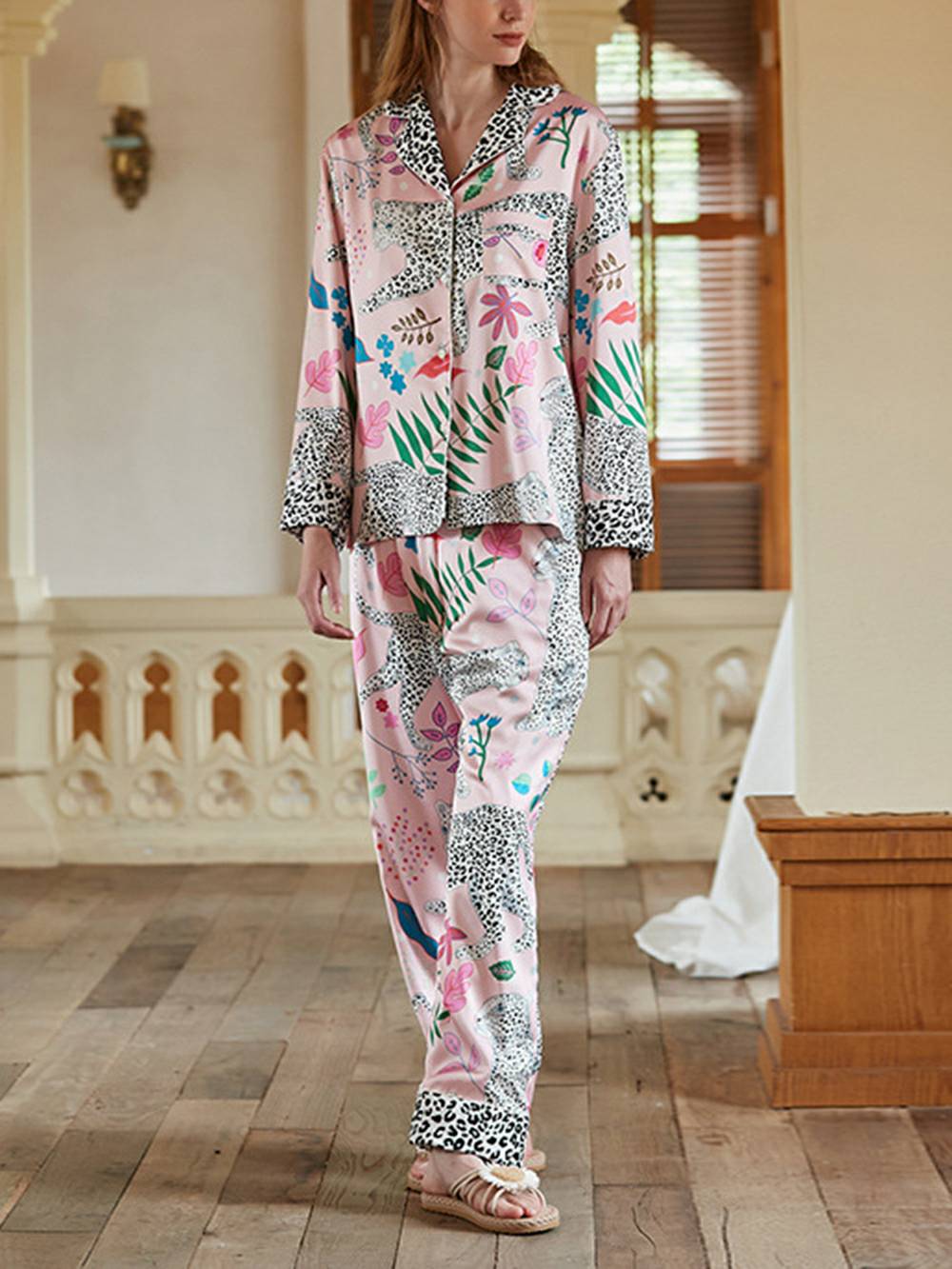 Dressing Pink Snow Leopard Silk Pyjamas Set