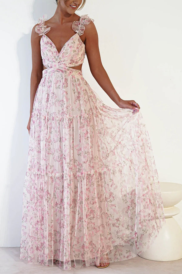 Garden Fairy Tulle Floral Ruffle Detail Cutout Waist Back Ttie-up Maxi Dress