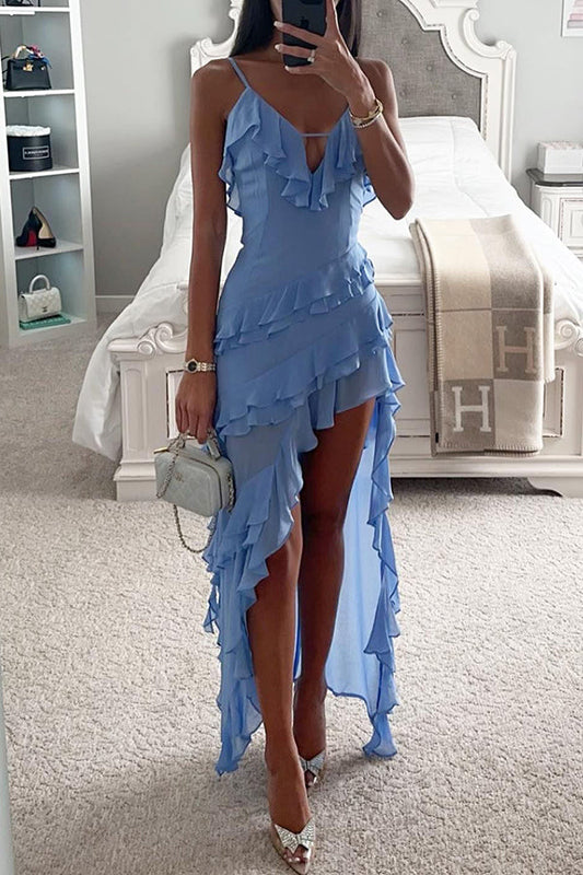 Can't Escape Love Chiffon Layered Ruffle Maxi Kjole med uregelmæssig slids