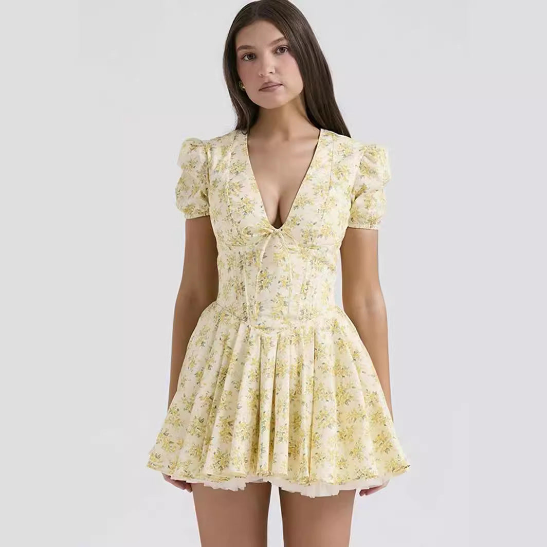 Abito con maniche a sbuffo con scollo a V Stampa fiori gialli Abiti a pieghe dolci in stile francese Abbigliamento da donna