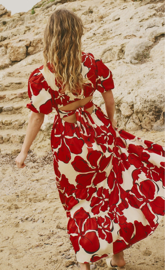 Red Floral Zelda Midi Dress