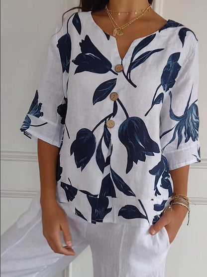 Camisa casual estampada de algodón y lino para mujer