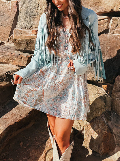 Baby Blue Fringe Leather Jacket