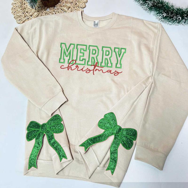 Merry Christmas Side Bow Embroidered Sweatshirt