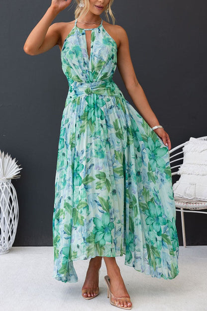 Sunny Forecast Floral Cutout Neck Plisseret Midi-kjole