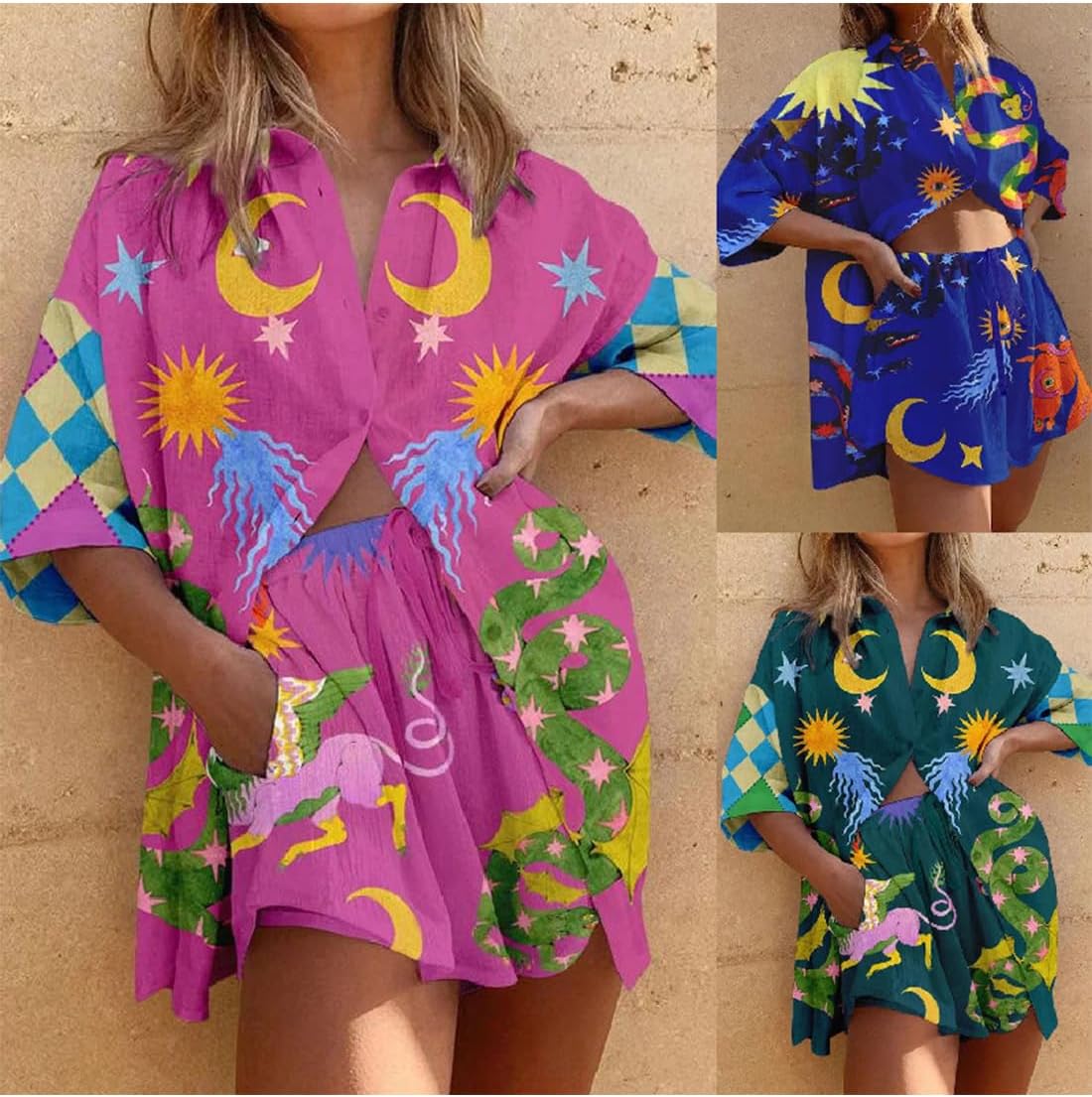 Unique Print Oversized Blouse and Elastic Waist Pocketed Shorts Set