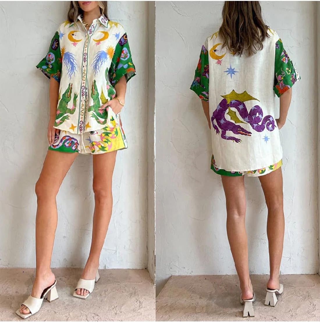 Unique Print Oversized Blouse and Elastic Waist Pocketed Shorts Set